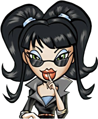 Bratz角色神秘姿勢 壁紙 — 一個黑色雙馬尾、戴太陽眼鏡的Q版動漫女孩，一邊舔手指一邊眨眼。