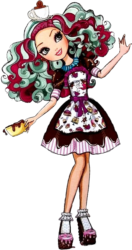 Bratz娃娃糕點師服裝 壁紙 — 一個異想天開的卡通女孩，擁有旋轉的紅色和藍綠色頭髮，穿著糖果主題服裝，拿著滴落的杯子蛋糕和巧克力棒。
