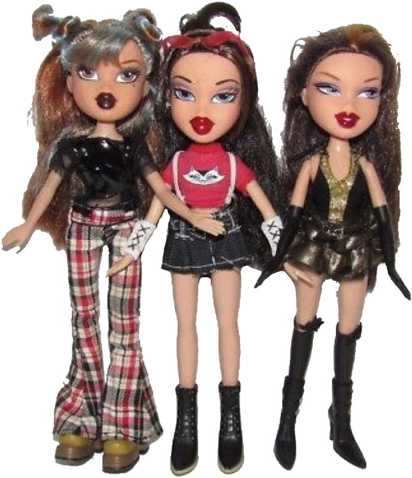 Bratz玩偶穿時尚服裝 壁紙 — 三個Bratz公仔帶住大膽嘅化妝同前衛嘅衫，自信咁企喺純色背景前面。