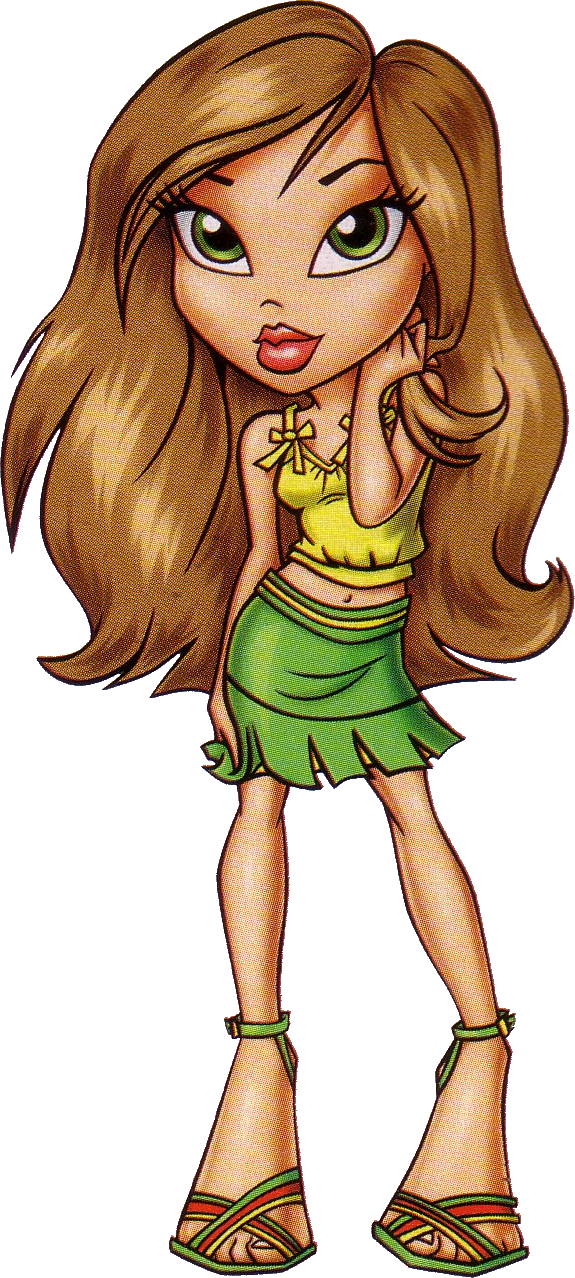Bratz玩偶穿綠色服裝 壁紙 — 一個長長啡色頭髮同綠色眼睛嘅卡通女仔，著住黃色上衣同綠色裙，企喺白色背景前面。