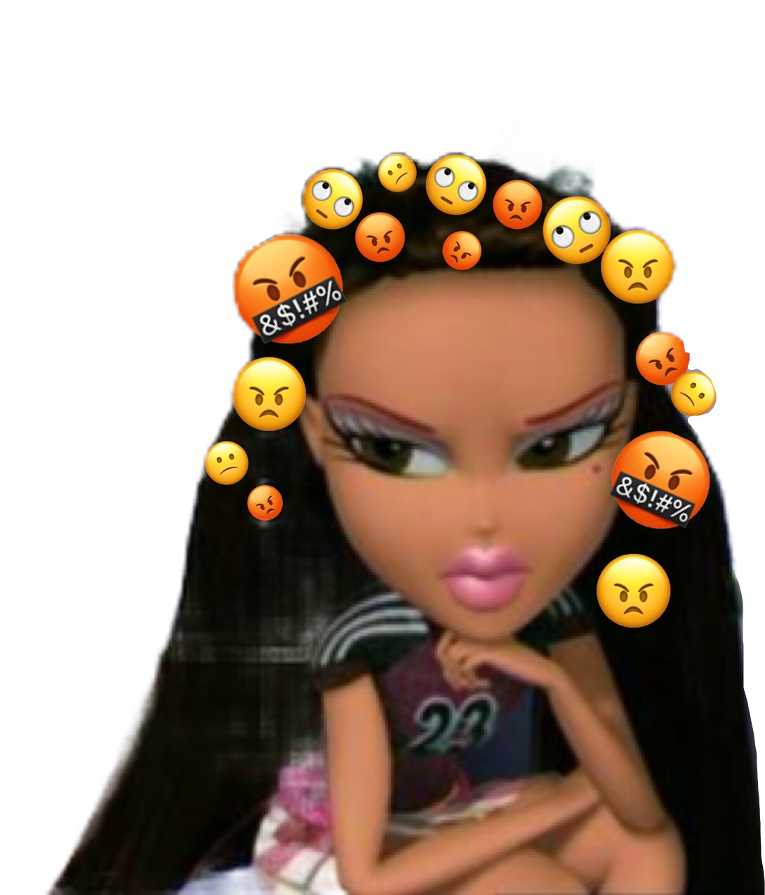 Bratz玩偶配憤怒表情符號光環 壁紙 — 一個動畫女孩，長長的黑髮和憤怒的表情符號皇冠，挑釁地看著觀眾。