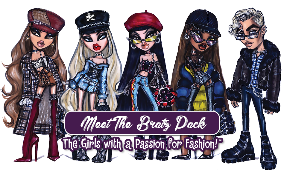 Bratz團體時尚熱情 壁紙 — 五個風格化的 Bratz 娃娃，以前衛時尚姿勢展現，搭配大膽配飾和戲劇化妝容。