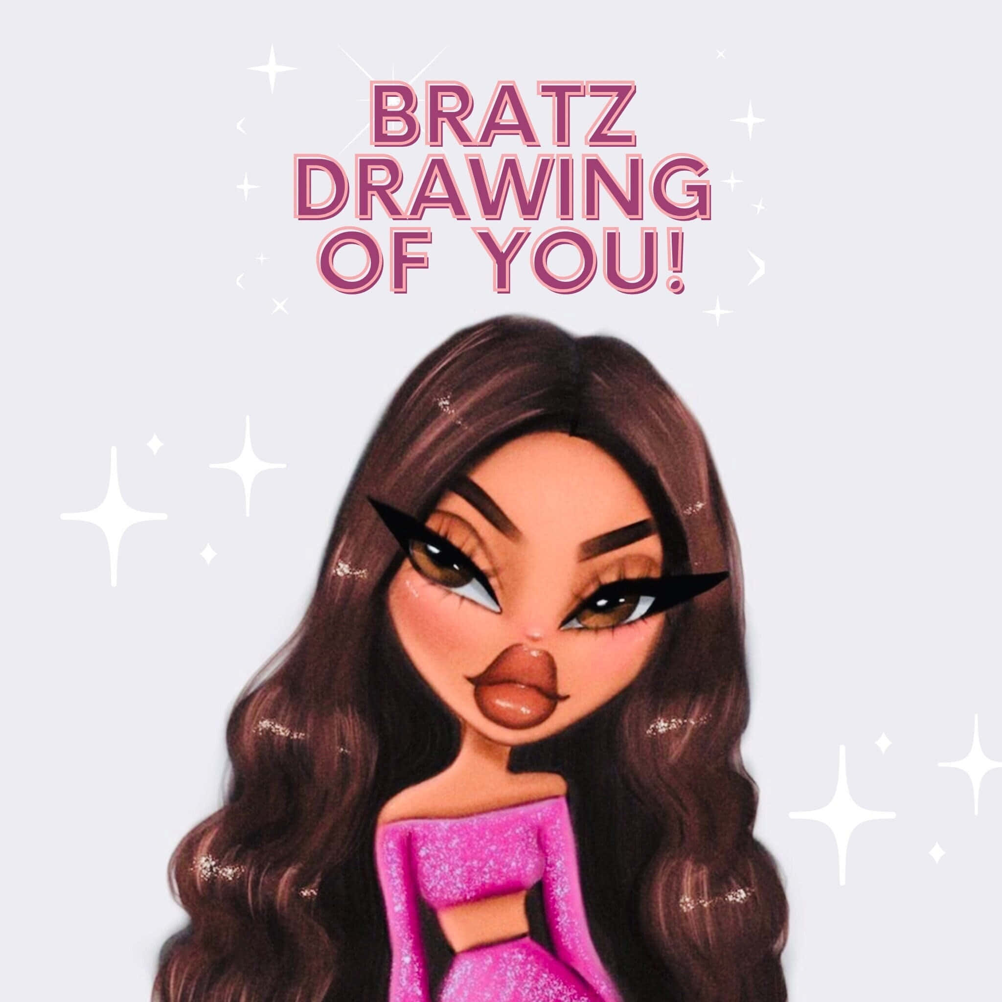 用Bratz風格展現你的獨特風格 壁紙 — 一個風格化的 Bratz 娃娃，長長棕色頭髮和粉紅色閃亮裙子，在閃閃發光的淺灰色背景上微笑。