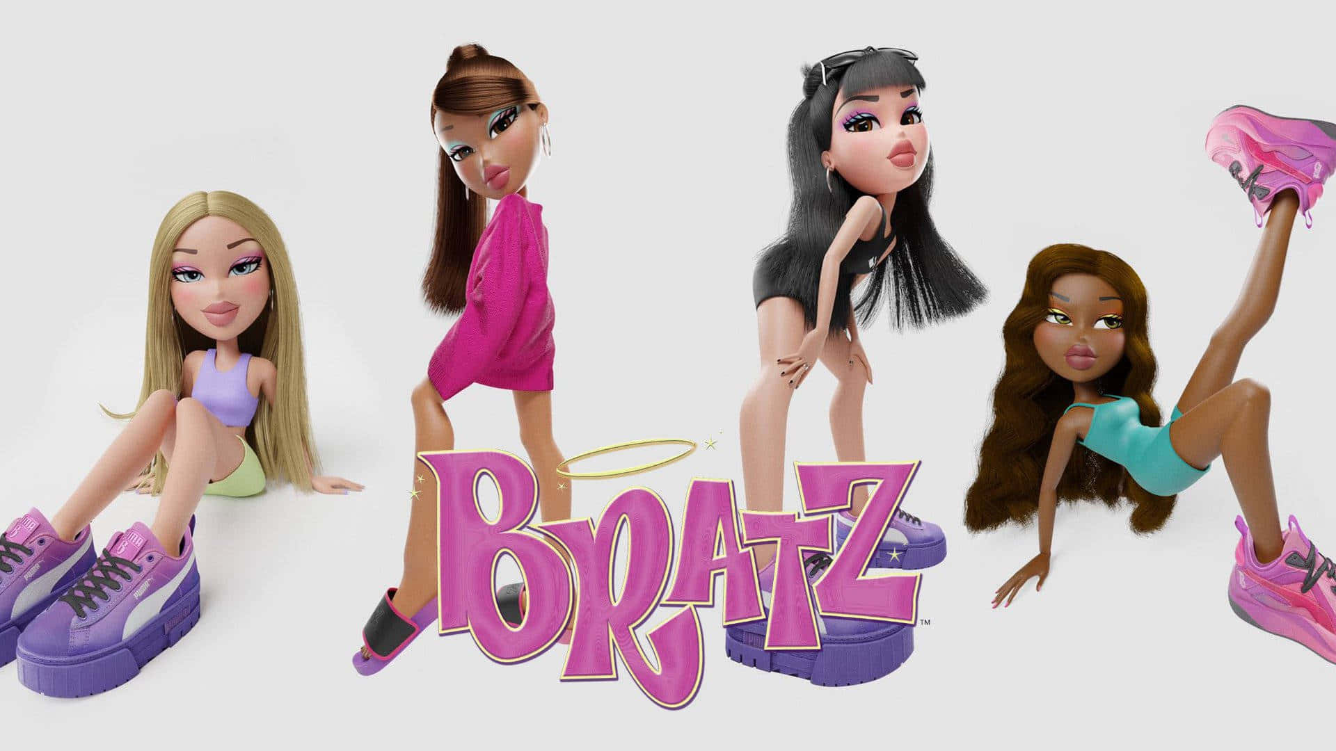 用Bratz風格打造時尚新高度 壁紙 — 四個 Bratz 公仔穿著大膽服裝和粉紅色鞋子，在白色背景上與品牌標誌動態擺姿勢。