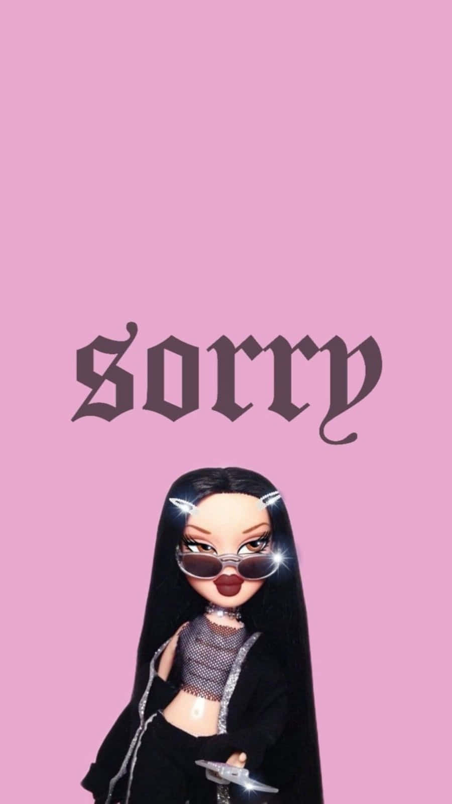 戴太陽眼鏡和黑色服裝的洋娃娃，粉紅色背景上有「sorry」文字。
