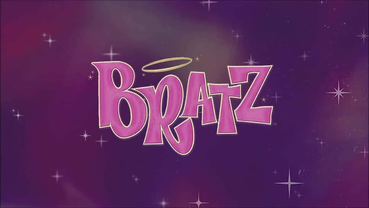2000s 桌布 壁紙 — Bratz 標誌以閃亮粉紅色字體配金色光環，漂浮在閃爍的紫色星空背景上。