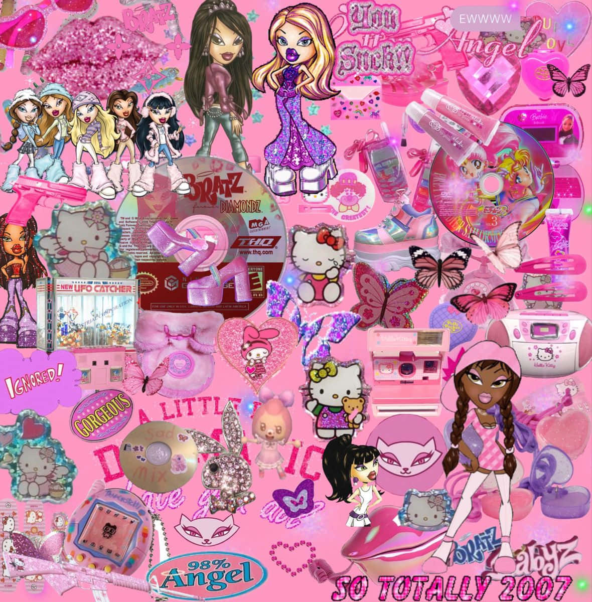 Bratz公仔、Hello Kitty物品和2007年商品的粉紅色拼貼。