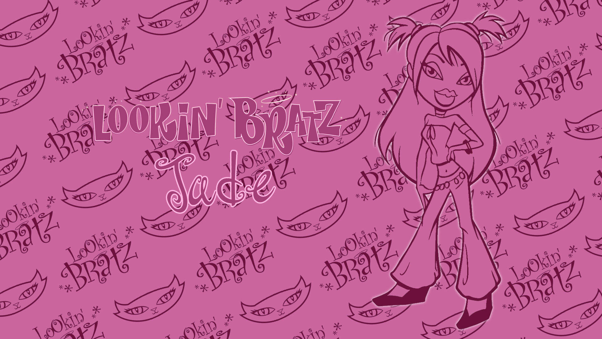 Bratz 角色 Jade 以粉紅色動漫風格呈現，背景為重複的標誌和眼睛圖案。