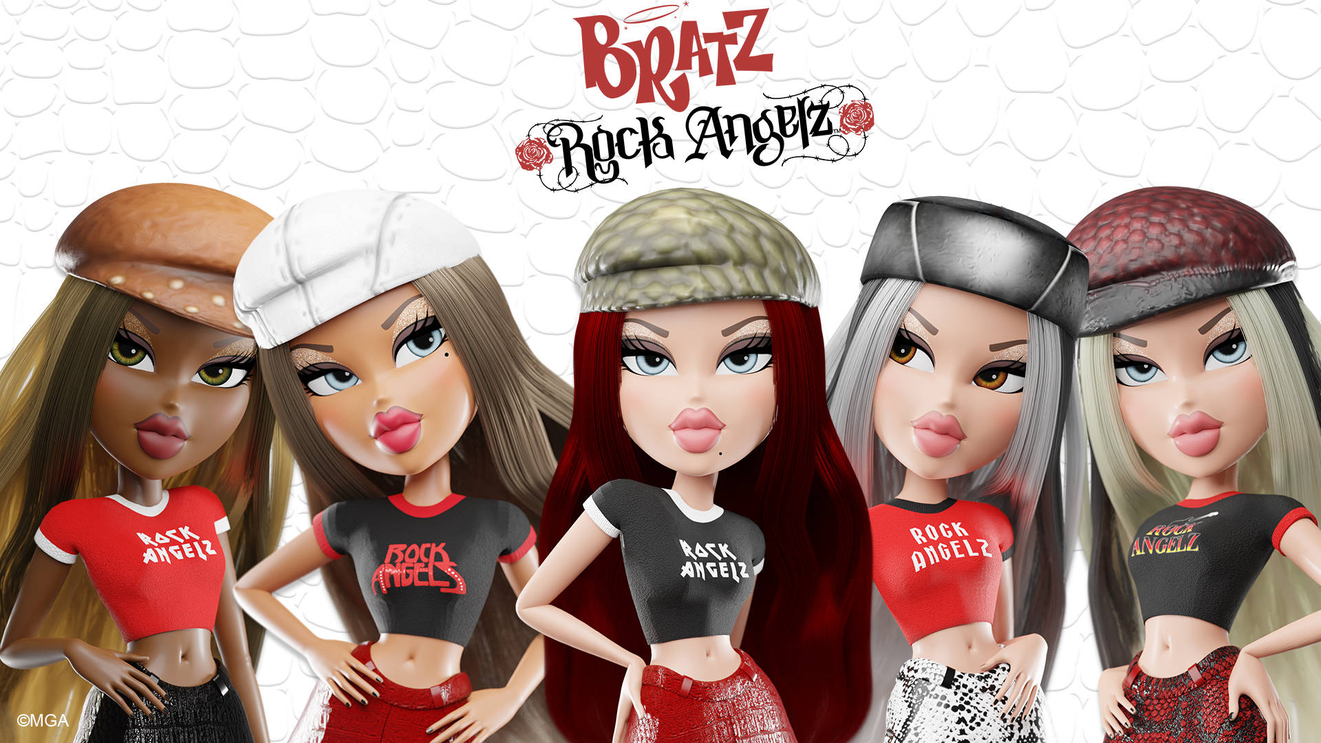 五個穿著樂隊服裝的 Bratz Rock Angels 公仔為宣傳圖片擺姿勢。
