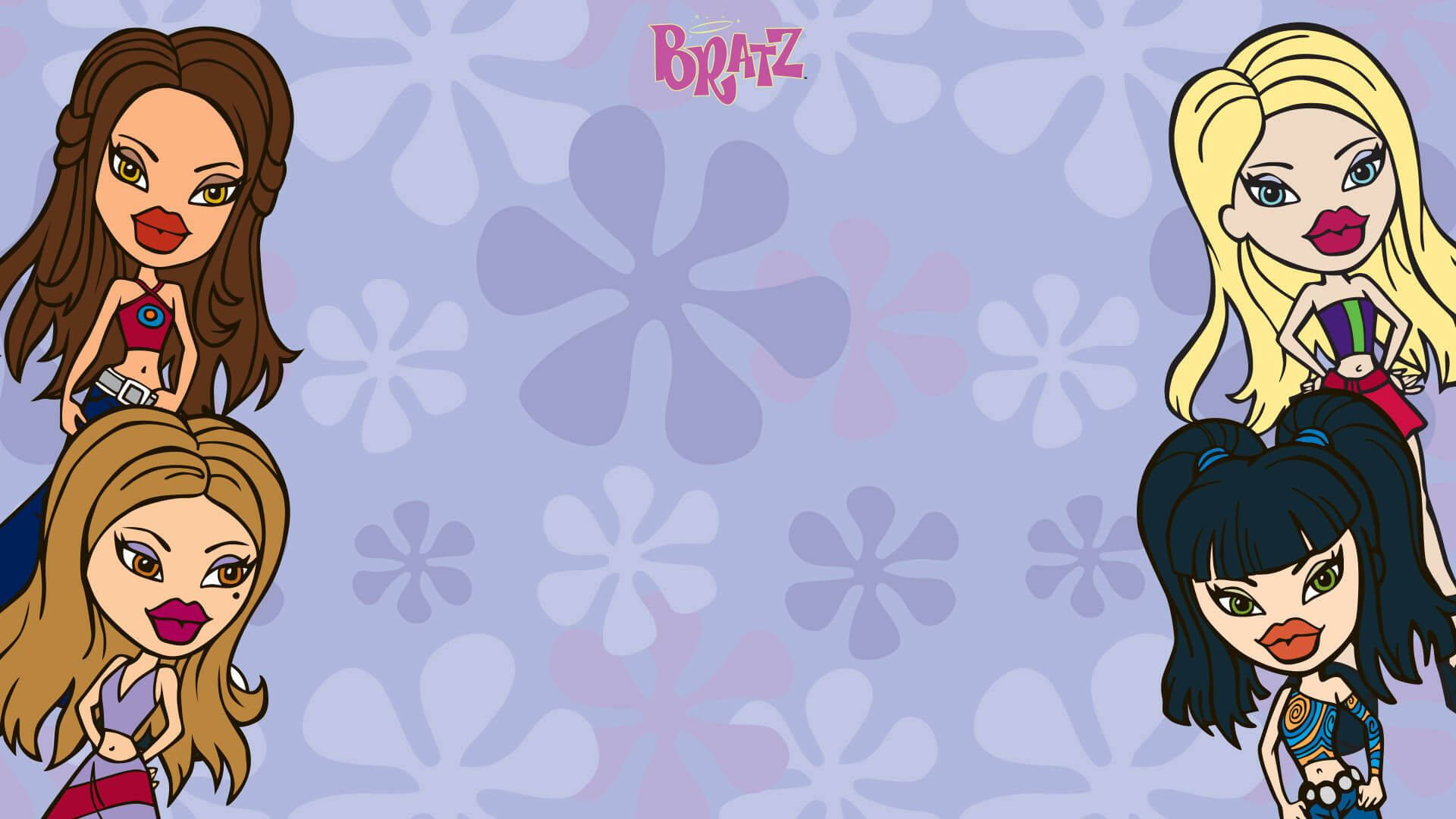 四個穿著色彩繽紛服裝的 Bratz 娃娃，背景為紫色花卉圖案。