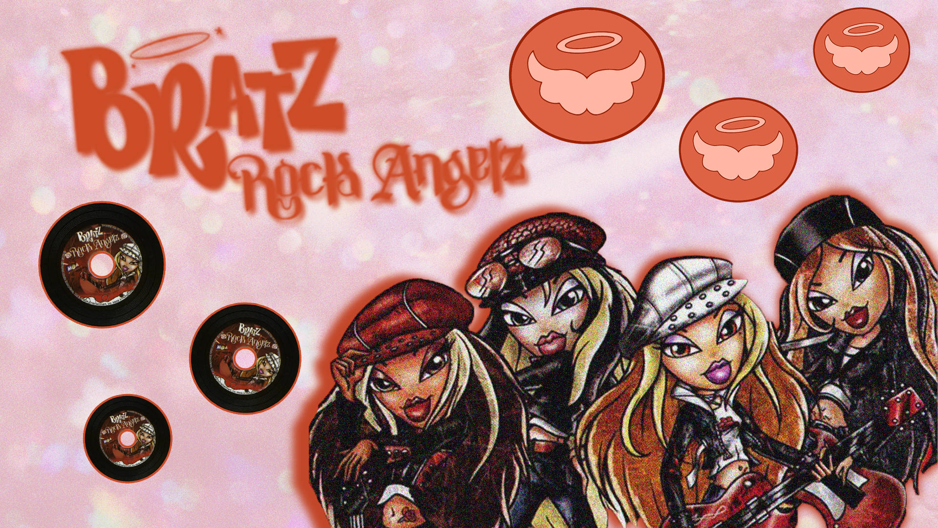 Bratz Rock Angels 角色，手持結他並帶有天使翅膀，在帶有黑膠唱片的粉紅色背景上。