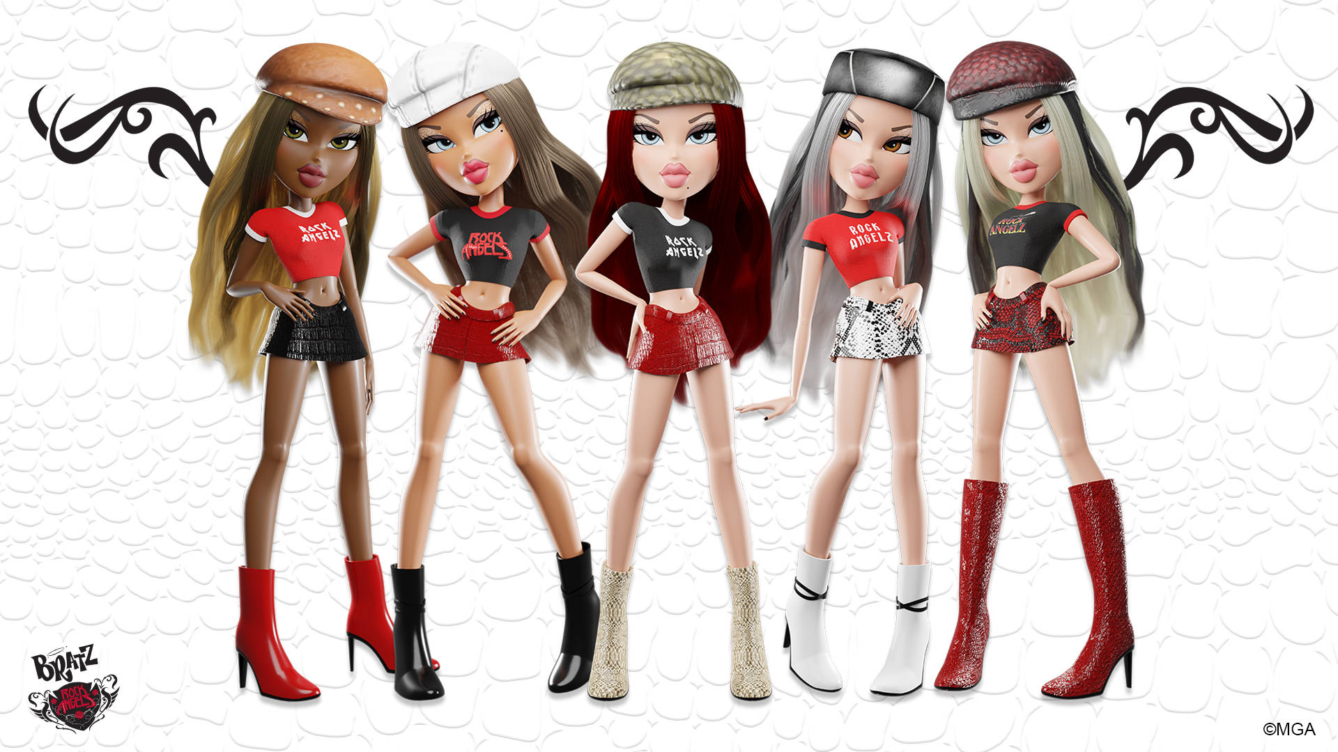 五個Bratz公仔穿著相配的紅黑服裝，以自信的姿勢擺拍。