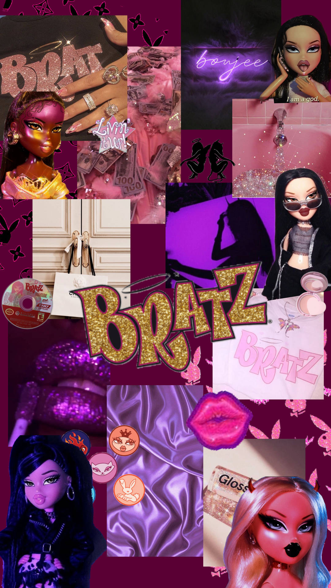 Bratz 公仔拼貼畫，帶有閃粉、金錢和紫色調的時尚單品。