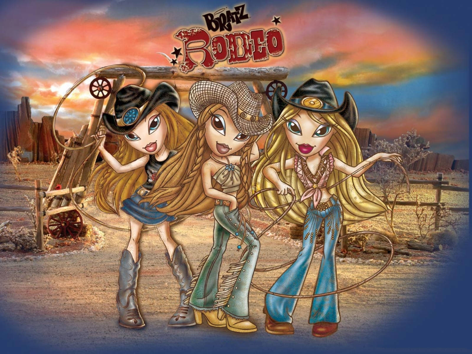 三個打扮成女牛仔的 Bratz 公仔在日落時的西部場景中拿著套索擺姿勢。