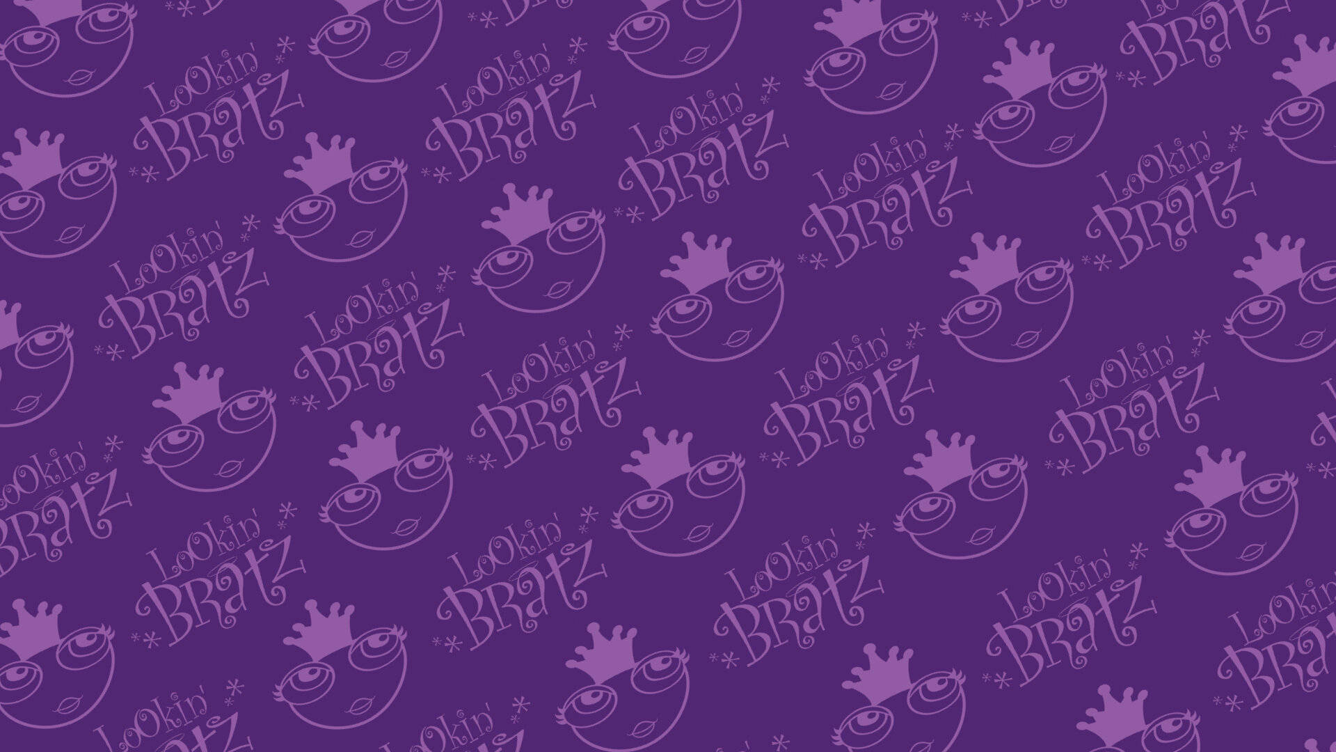 帶有重複 Bratz 標誌和皇冠眼睛角色的紫色壁紙。