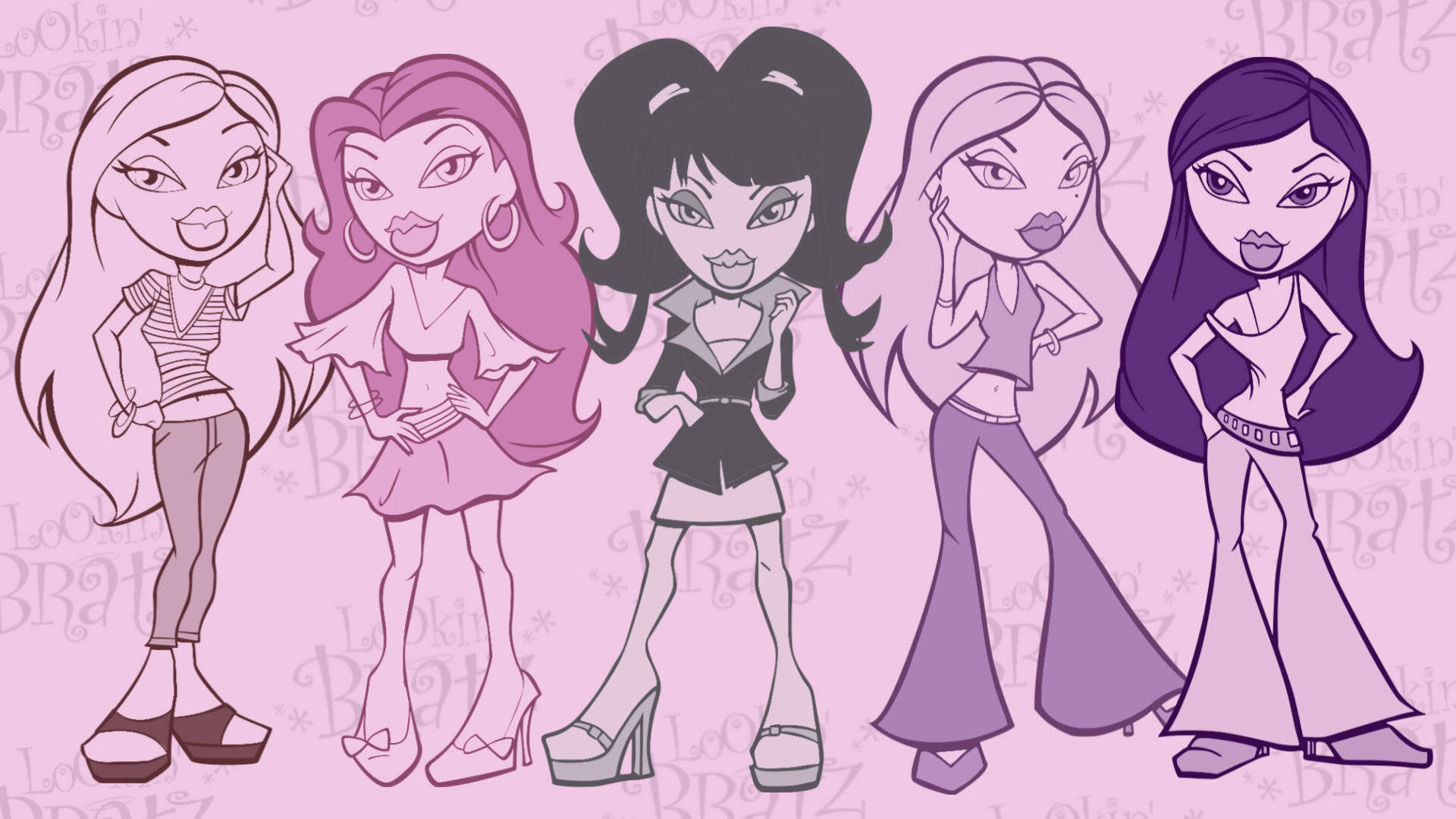 五個穿著紫色服裝的 Bratz 公仔在粉紅色背景上自信地擺姿勢。