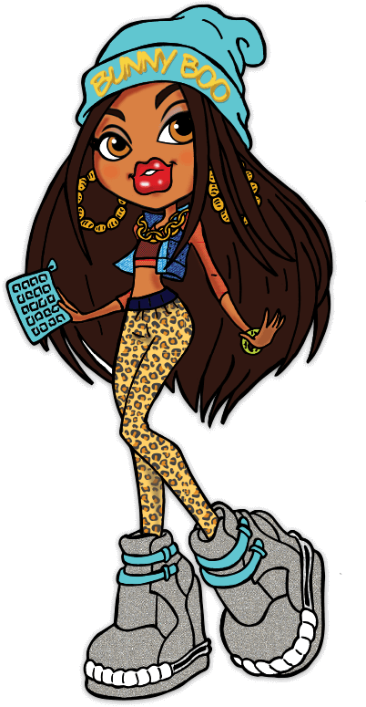 Bratz玩偶Bunny Boo時尚插畫 壁紙 — 一個長著棕色長髮的卡通女孩戴著藍色「BUNNY BOO」冷帽、穿著豹紋緊身褲和超大運動鞋，同時拿著手機。