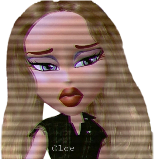 Bratz玩偶Cloe人物肖像 壁紙 — 一個風格化的動畫女孩，長長的金髮和紫色的眼睛，在黑色背景上帶有故障效果，強烈地凝視著。
