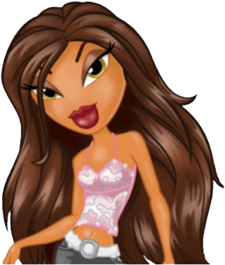 Bratz玩偶Yasmin插畫 壁紙 — 一個風格化的卡通女孩，長長嘅棕色頭髮同大膽嘅化妝，著住粉紅色圖案上衣同牛仔褲。