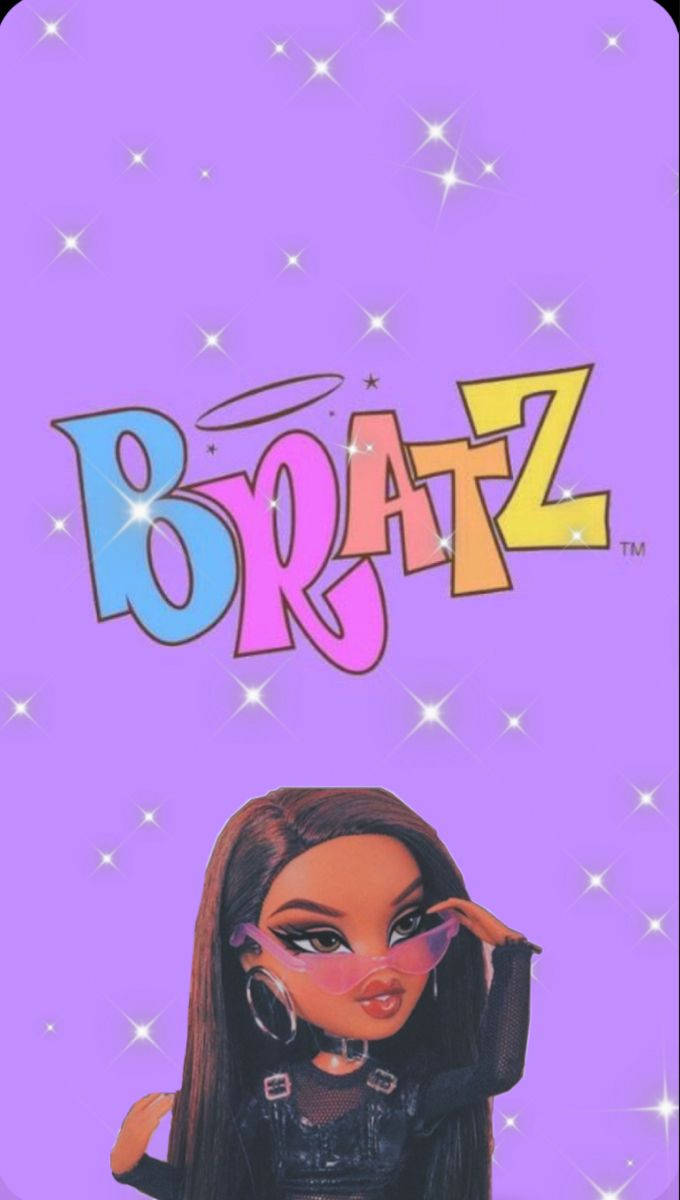 Bratz 公仔戴住粉紅色太陽眼鏡同耳環，喺閃爍紫色背景上。