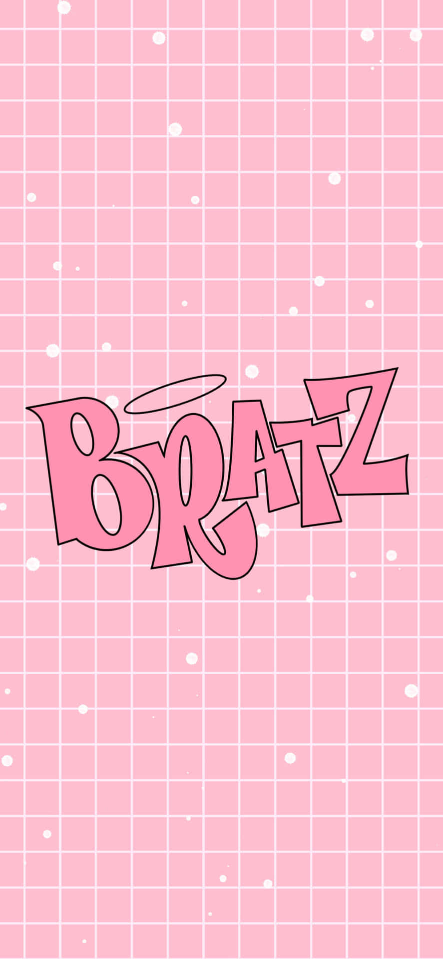 粉紅色網格牆紙，帶有白色圓點和帶光環的 Bratz 標誌