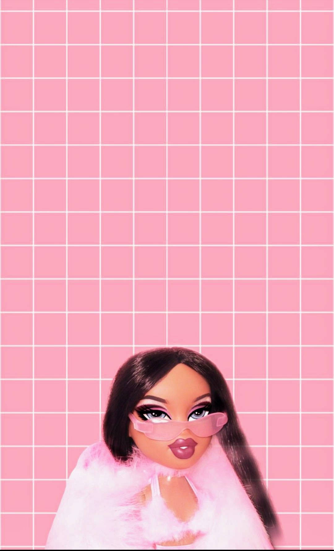 Bratz玩偶亞斯敏穿粉紅絨毛外套 壁紙 — 一個風格化的公仔，戴著粉紅色眼鏡和毛茸茸的粉紅色領子，背景是粉紅色網格。