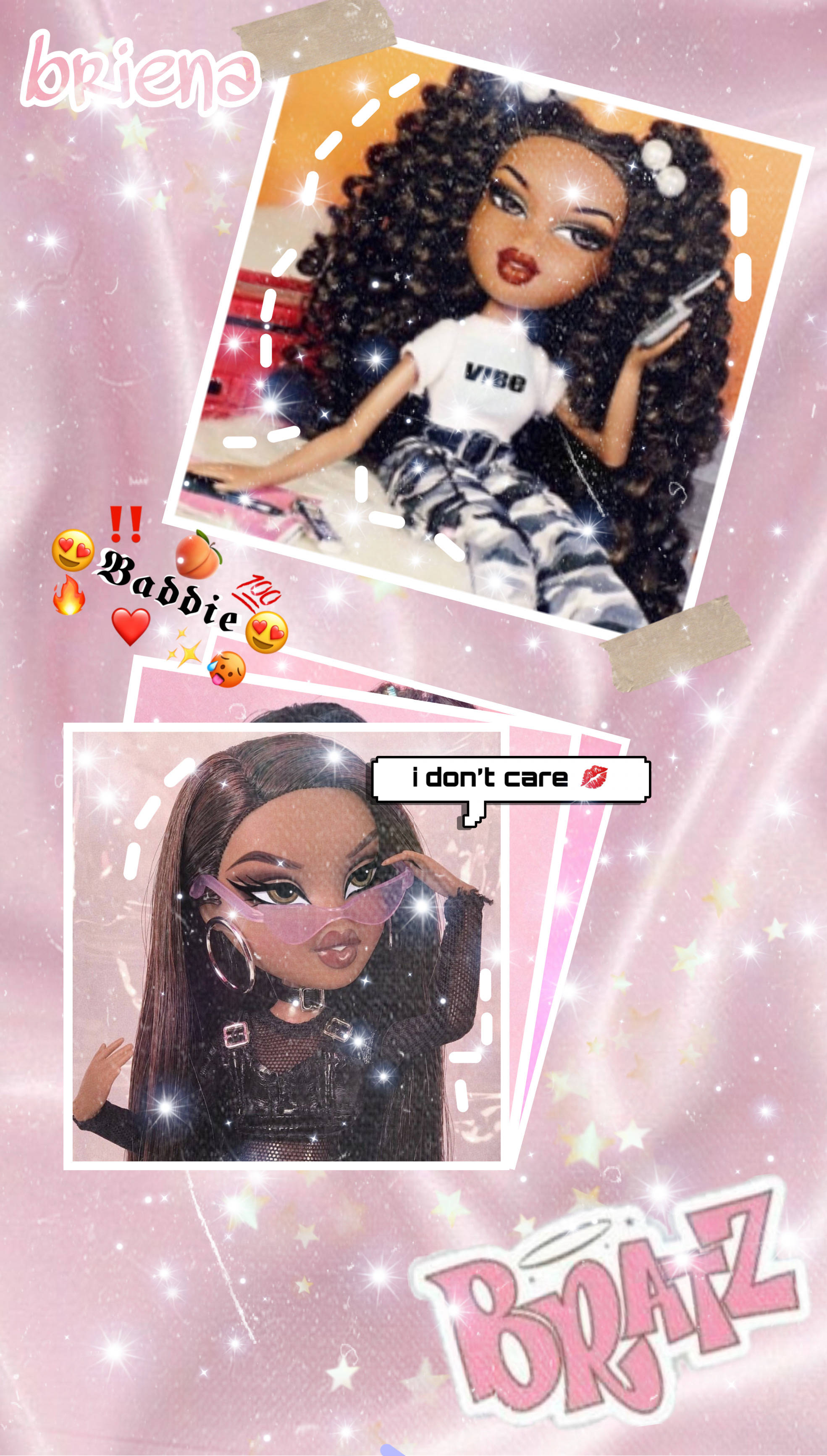 Bratz玩偶布莉娜 壁紙 — 兩個Bratz公仔，化著大膽妝容，穿著時尚服裝，在閃爍粉紅背景前擺姿勢，背景有星星和文字疊加。