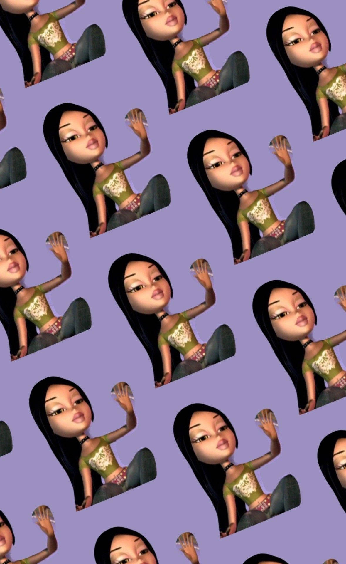 Bratz玩偶數位藝術 壁紙 — 重複圖案，一個3D渲染的動漫女孩，長黑髮，綠色上衣，紫色背景。