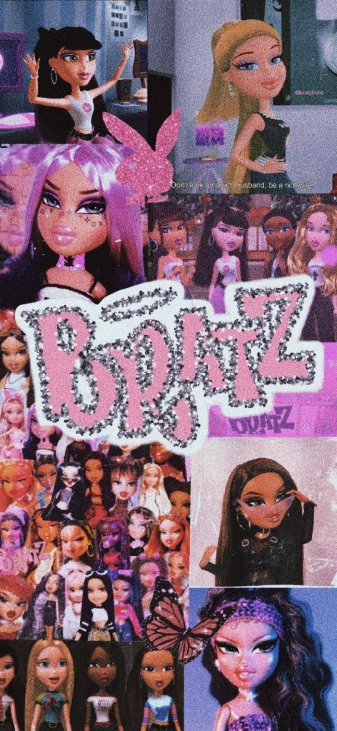 Bratz玩偶照片拼貼 壁紙 — 一個充滿活力的 Bratz 娃娃拼貼畫，展示各種姿勢和服裝，帶有閃亮的粉紅色 'Bratz' 標誌。