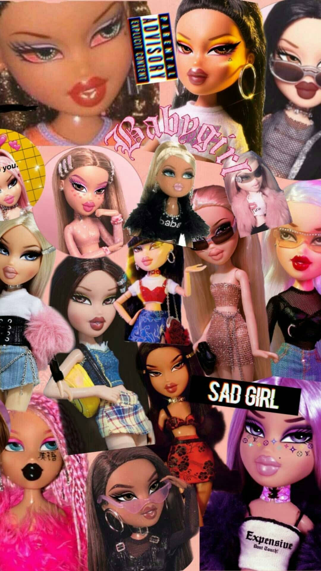 Bratz玩偶照片集 壁紙 — 一個充滿活力的Bratz娃娃拼貼畫，展示大膽的服裝和富有表現力的姿勢，並帶有'Babygirl'和'SAD GIRL'等文字疊加。