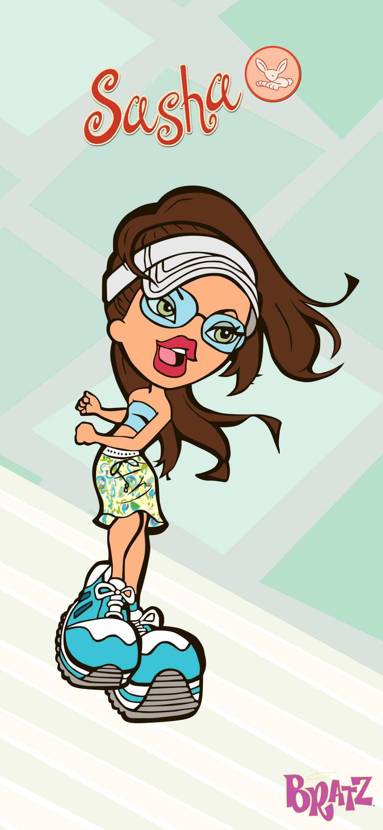 Bratz玩偶莎莎數位藝術 壁紙 — 一個名叫Sasha的卡通Bratz娃娃，棕色頭髮，戴著藍色眼鏡，在幾何背景前擺出動感姿勢。