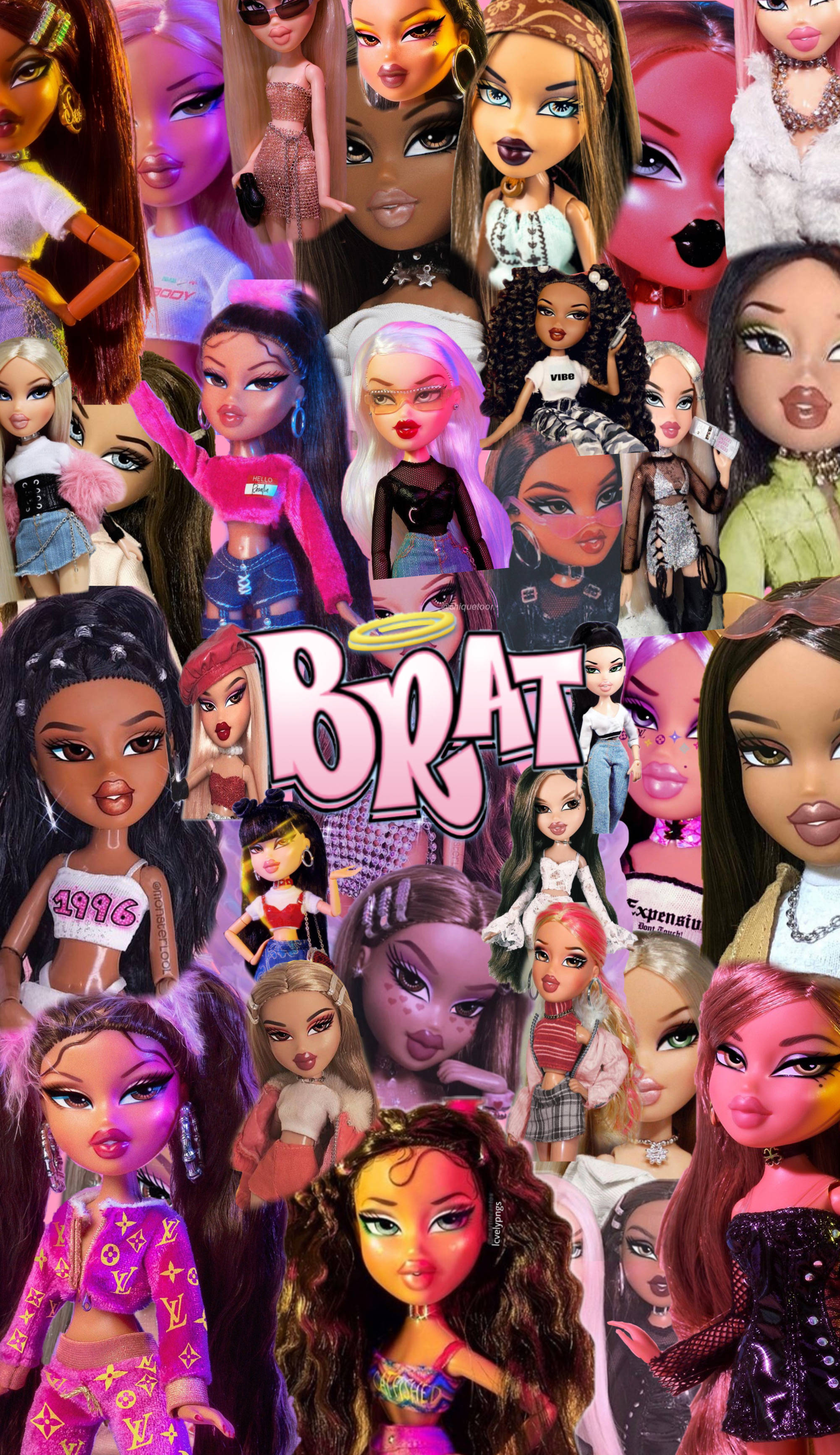 Bratz玩偶雜誌 壁紙 — 一個充滿活力的Bratz娃娃拼貼畫，穿著色彩繽紛的服裝，搭配大膽的化妝和時尚配飾。