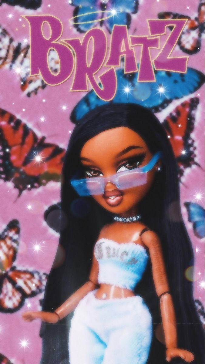 Bratz 公仔戴著藍色眼鏡和毛絨絨的服裝，被蝴蝶環繞。 — 唯美蝴蝶動圖 壁紙