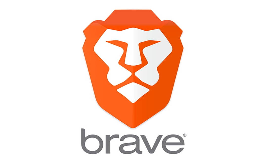 Brave 瀏覽器介面 壁紙 — 一個大膽的橙色盾牌標誌，中央有一個風格化的白色獅子臉，上方有灰色的brave字樣。