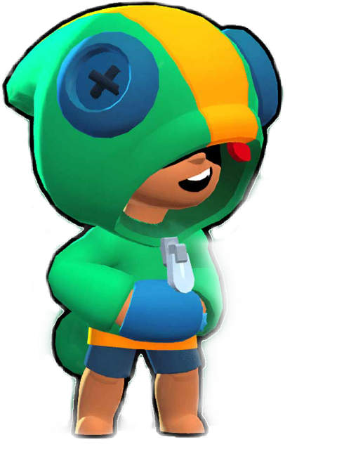 《Brawl Stars》萊昂角色渲染圖 壁紙 — 一個快樂的卡通角色，穿著綠色連帽衫，帽子上有一個藍色螺絲頭，手持銀色手槍。