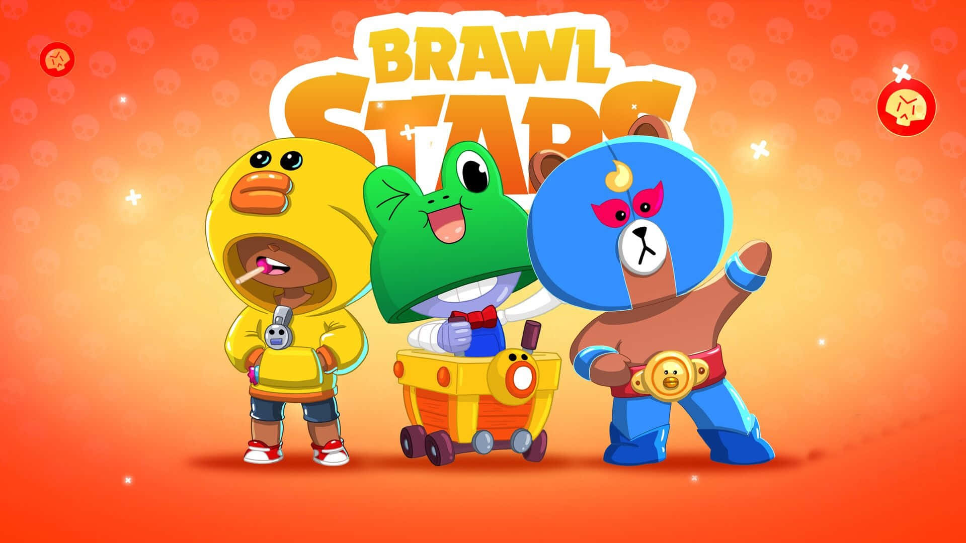 可愛的莎莉·雷昂與《Brawl Stars》團隊 壁紙 — 三個來自 Brawl Stars 的歡樂卡通角色站在充滿活力的橙色漸變背景前，帶有閃光效果。
