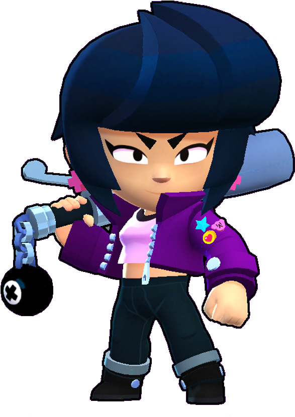 Brawl Stars 角色雪莉 壁紙 — 一個風格化的電子遊戲角色，深藍色頭髮和紫色外套，在黑色背景下揮舞榴彈發射器。