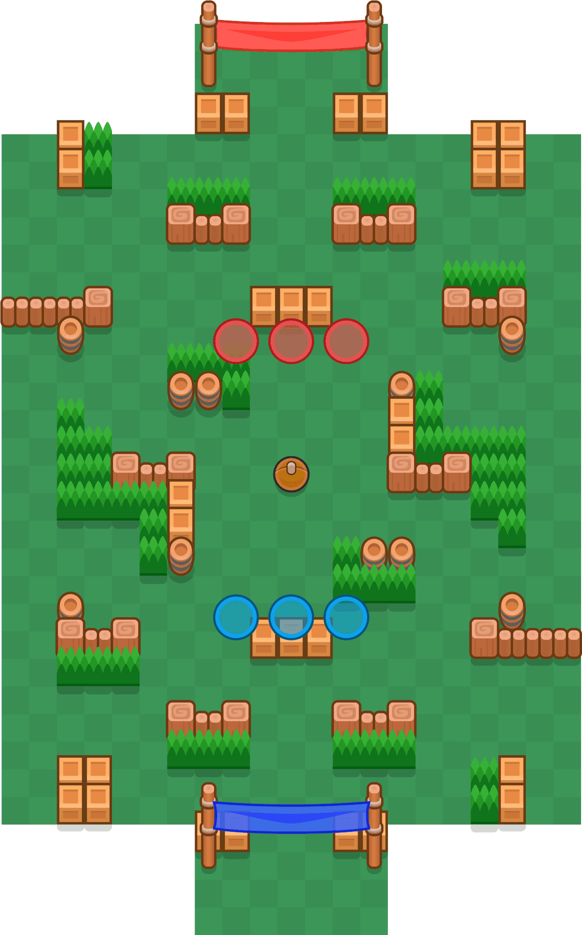 Brawl Stars 地圖佈局 壁紙 — 俯瞰像素藝術戰場，有綠色草地塊、紅色和藍色圓形目標以及木製路障。