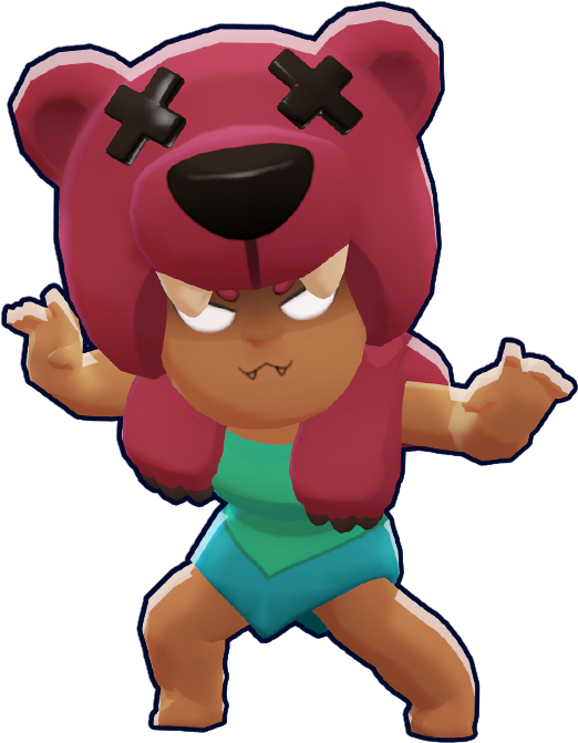 Brawl Stars 尼塔熊裝扮 壁紙 — 一個卡通熊角色，眼睛呈X形，表情憤怒，擺出戰鬥姿勢，穿著綠色和藍色短褲。