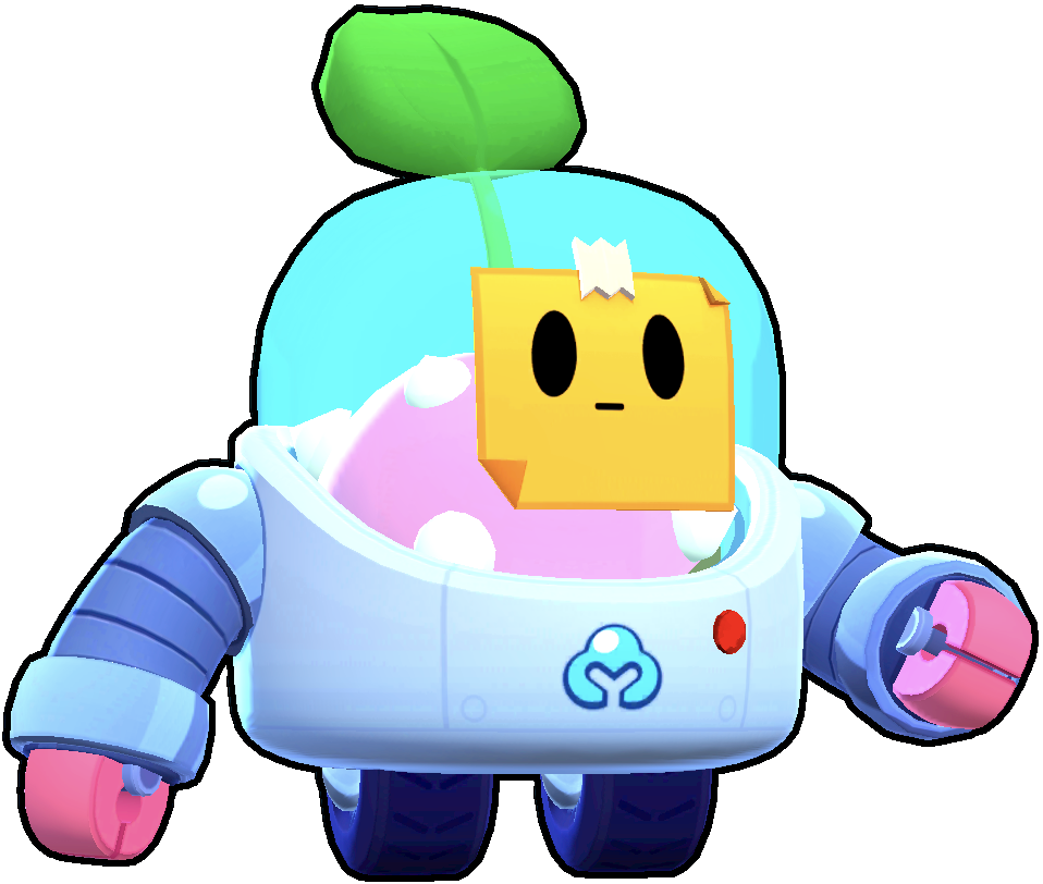 Brawl Stars 植物機器人斯普羅特 3D 渲染 壁紙 — 一個可愛的方塊機器人，頭上有片綠色葉子，粉紅色輪子，站在黑色背景前。