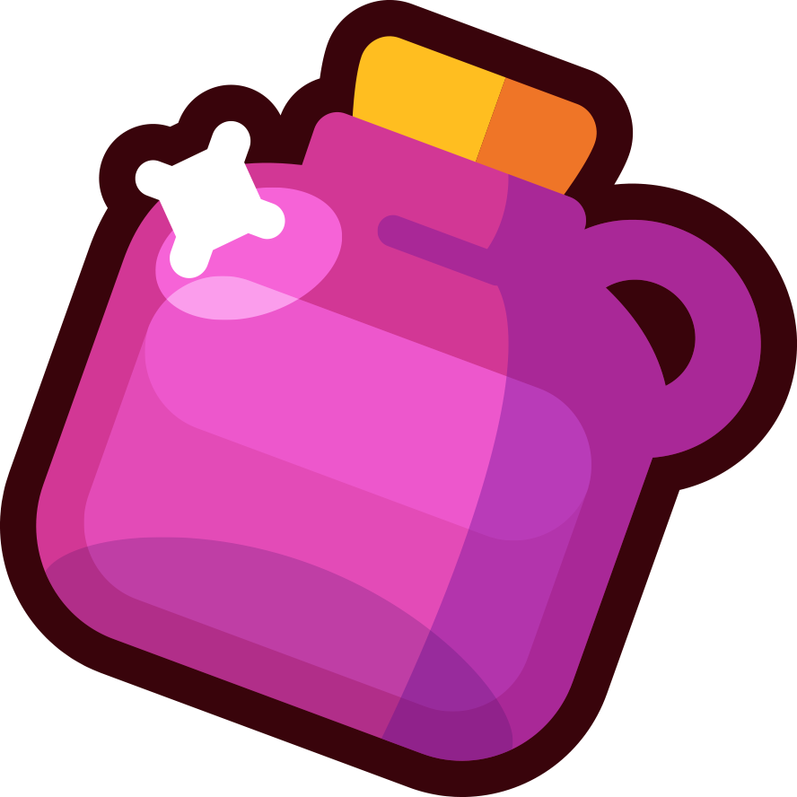 《Brawl Stars》紫色藥水 壁紙 — 一個充滿活力的粉紅色藥水瓶，帶有黃橙色軟木塞和白色十字標誌，在黑色背景上發光。