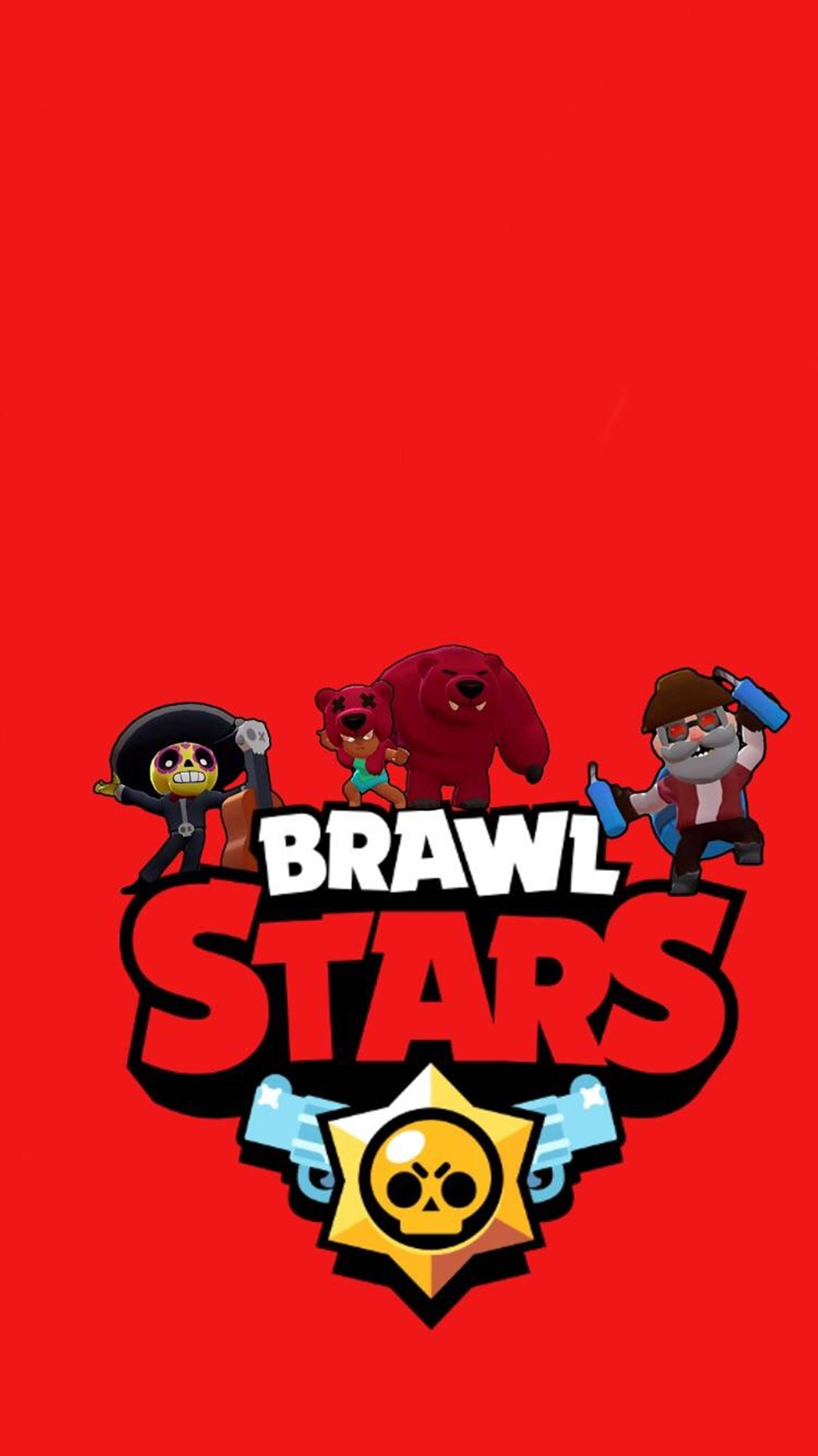 垂直紅色標誌 Brawl Stars 4K 壁紙 — 鮮豔的紅色背景上，有醒目的Brawl Stars標誌，四個卡通角色在周圍擺姿勢。