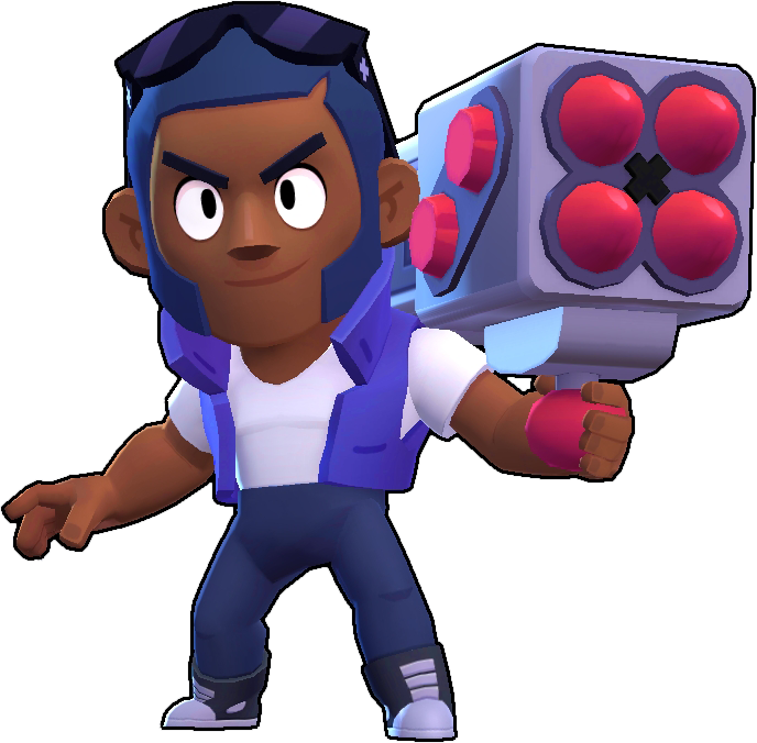 Brawl Stars 持爆能槍角色 壁紙 — 一個藍色頭髮、戴護目鏡的卡通角色，以動態姿勢揮舞著一把帶有紅色按鈕的大型武器。