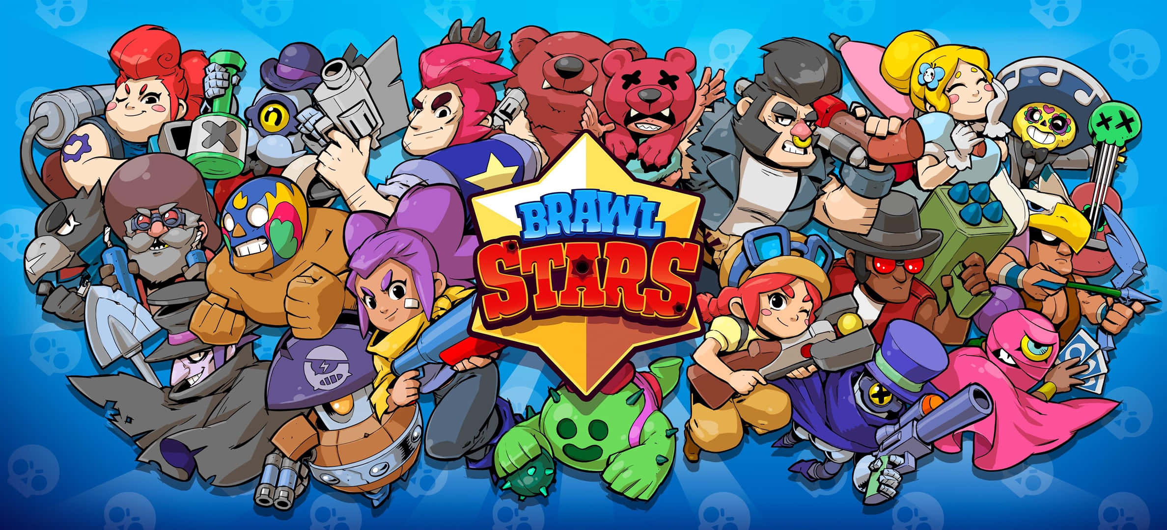成為《Brawl Stars》的終極冠軍 壁紙 — 一幅充滿活力的卡通插圖，所有 Brawl Stars 角色聚集在遊戲標誌周圍，背景為藍色骷髏圖案。