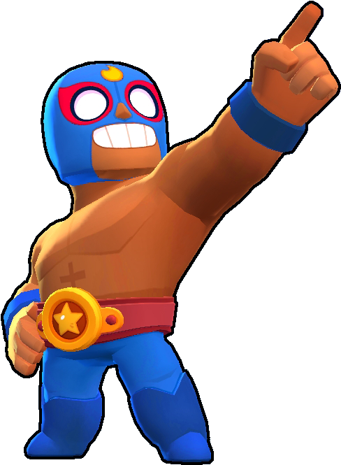 Brawl Stars 埃爾·普里莫角色姿勢 壁紙 — 一個卡通摔角手，戴著藍色面具，橙色皮膚，手持金星獎牌向上指。