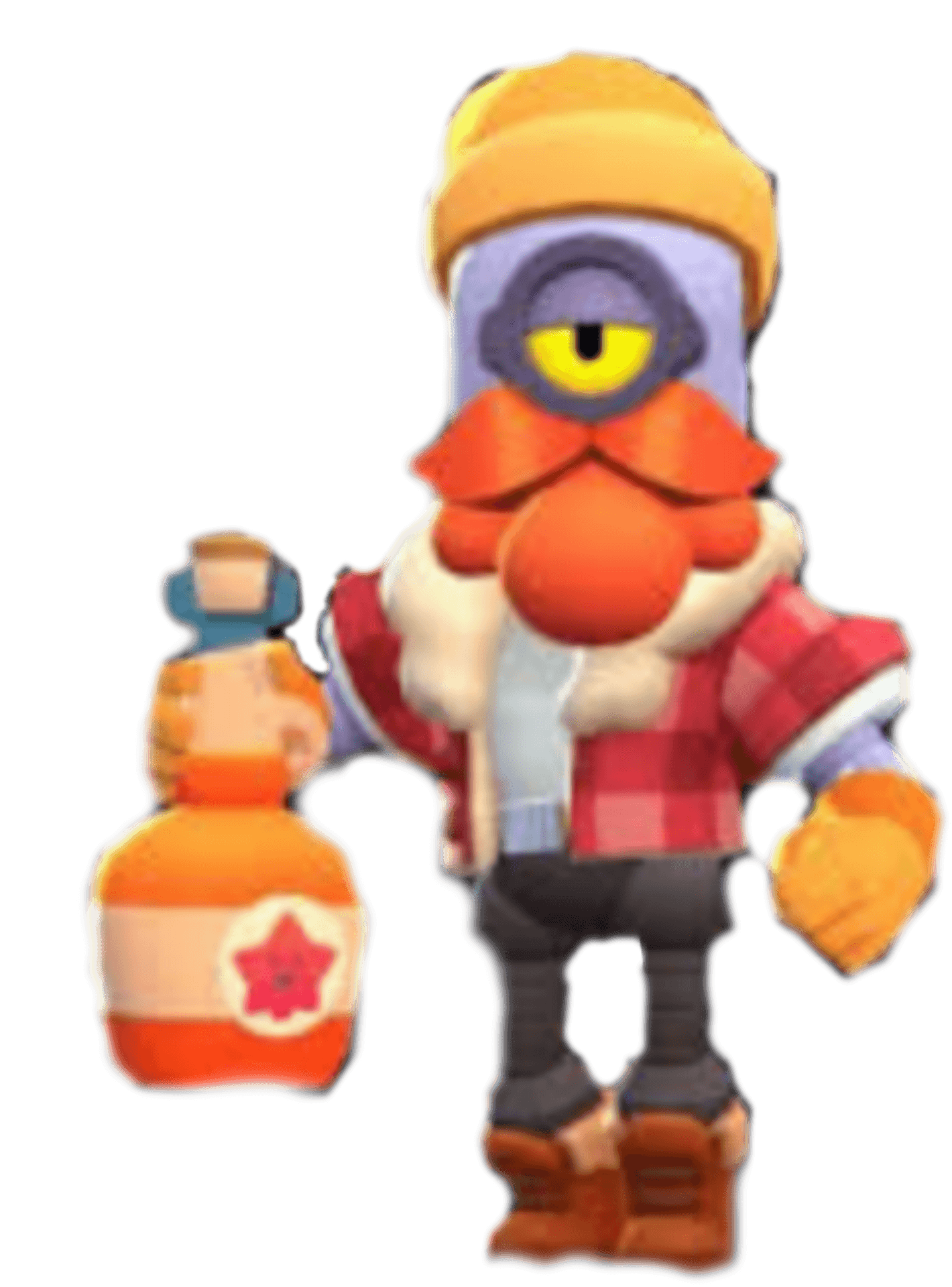 Brawl Stars 達米克角色 壁紙 — 一個卡通角色，有一隻黃色眼睛和橙色鬍子，在黑色背景前拿著一個條紋瓶子。