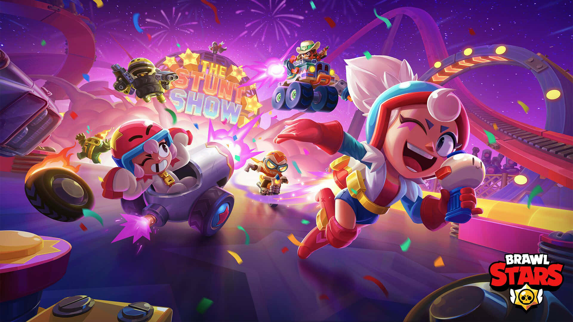 Brawl Stars 角色在煙花和五彩紙屑中競速並表演特技。