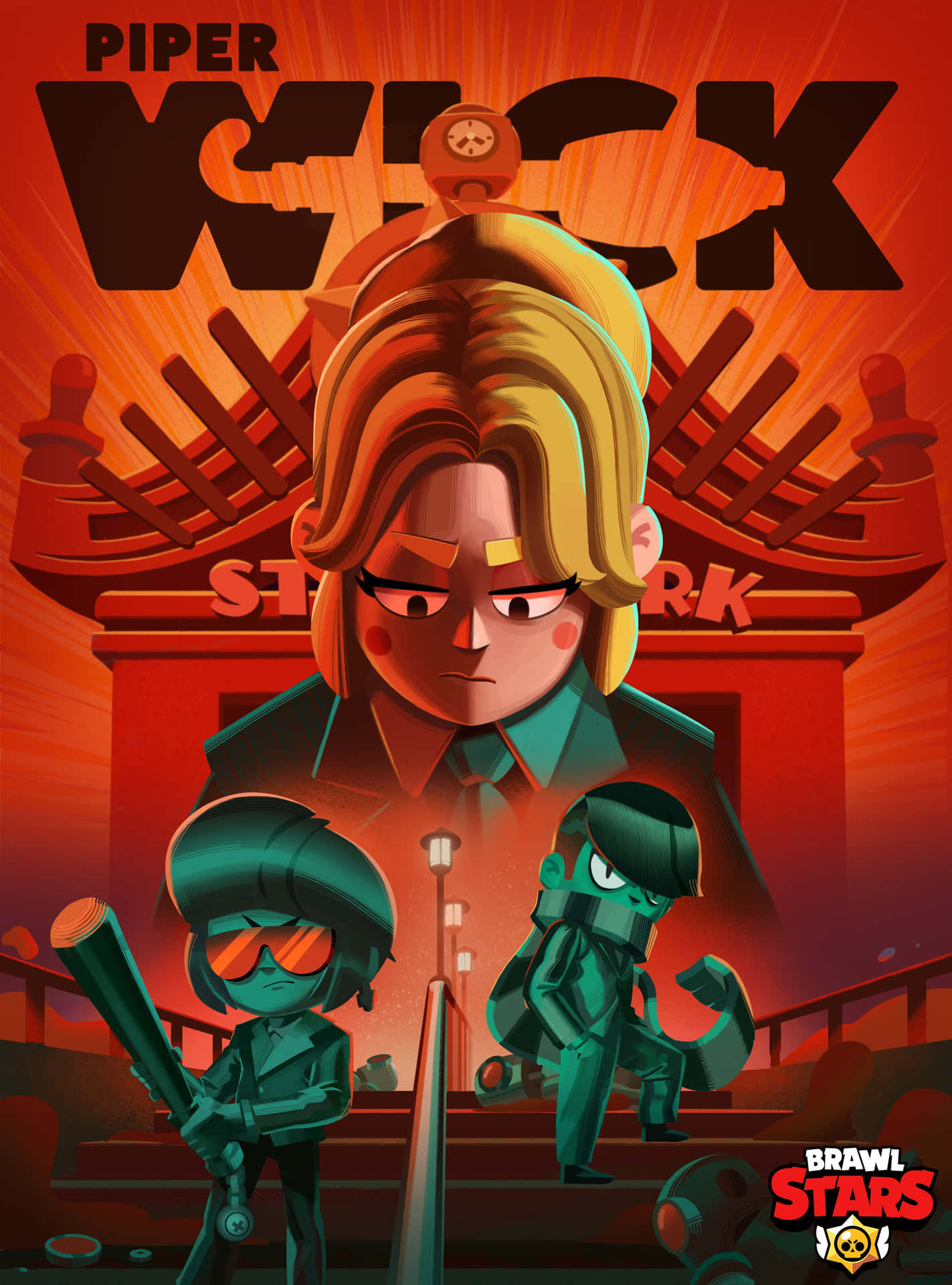 《Brawl Stars》中的 Piper Kick 站在兩名戰士上方，場景為火橙色。