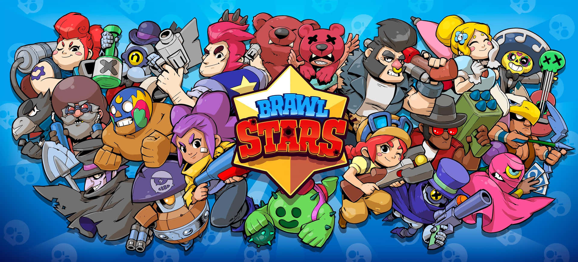 色彩繽紛的卡通風格 Brawl Stars 遊戲角色在標誌周圍擺姿勢。