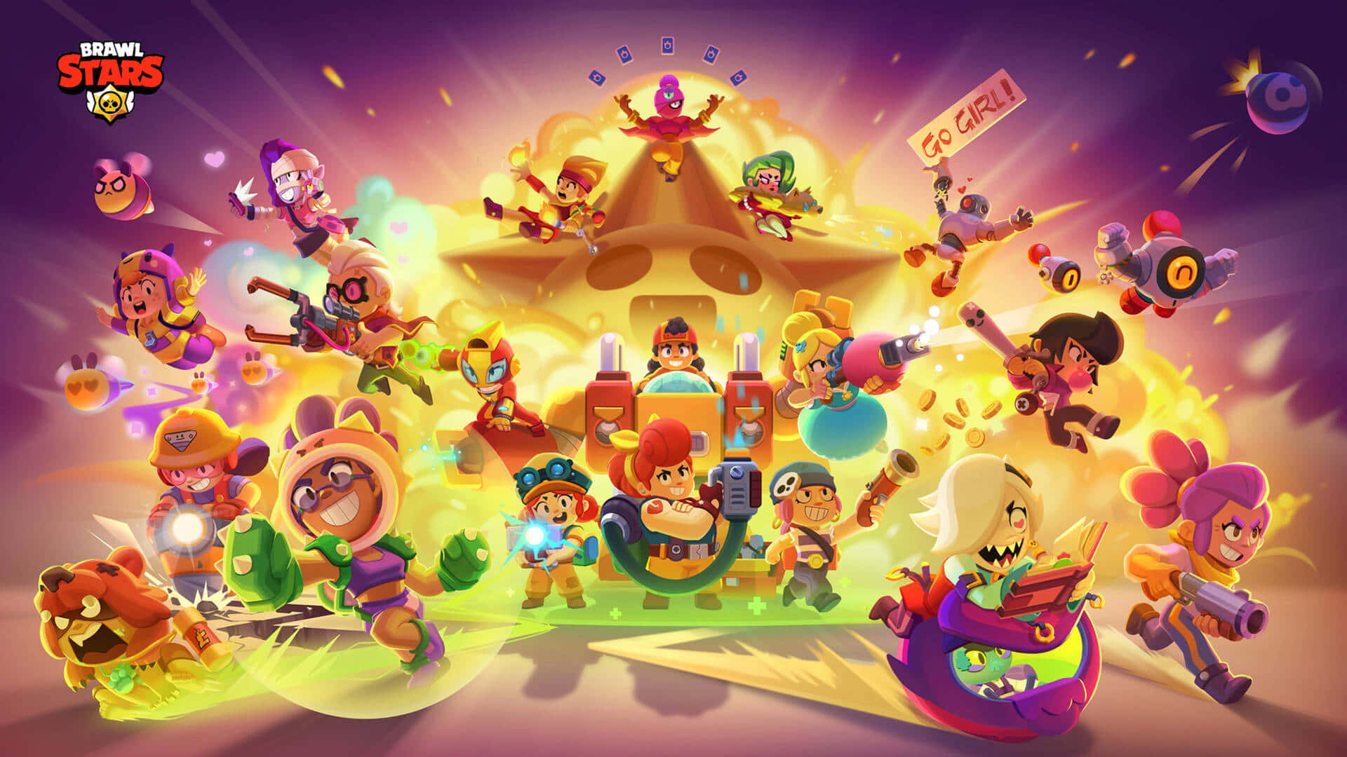Brawl Stars 角色在發光星形競技場周圍擺出色彩繽紛的動作姿勢。
